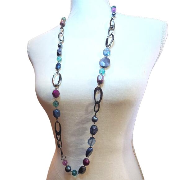 Lia Sophia Long Beaded Necklace Gunmetal Tone Multi Color Glass Acrylic Beads - Picture 3 of 7